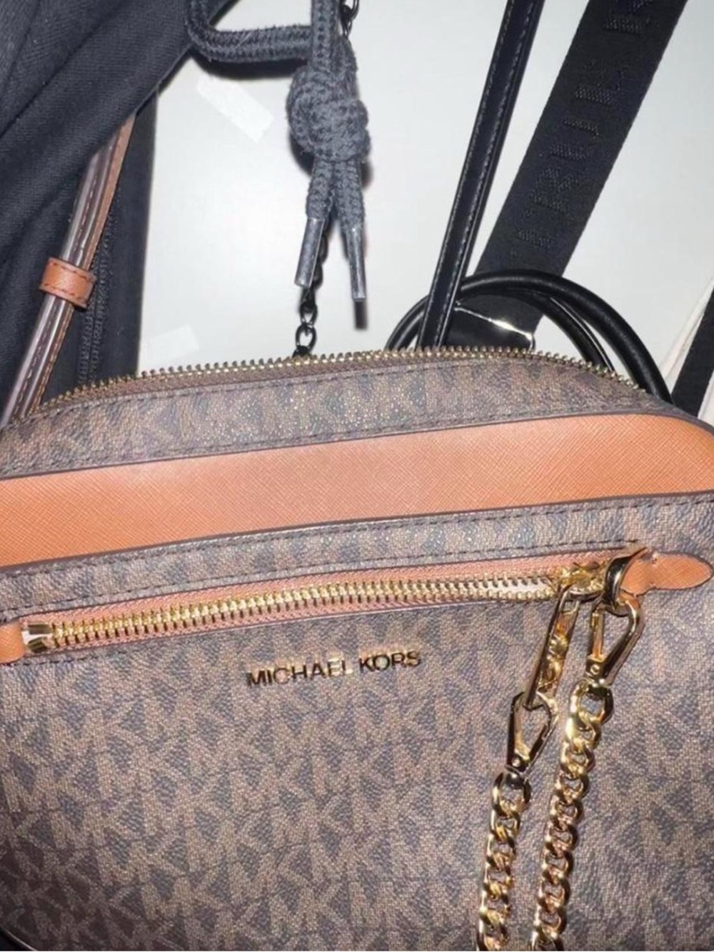 MICHAEL KORS Brown Logo Crossbody with Tan Trim and Gold Chain